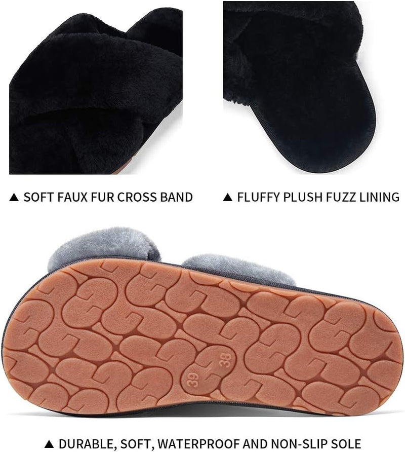 Women'S 801 Cross Band Slippers, Soft Plush Furry Open Toe Fur Slides, Fuzzy Fluffy Slip on House Shoes Indoor Outdoor Slippers