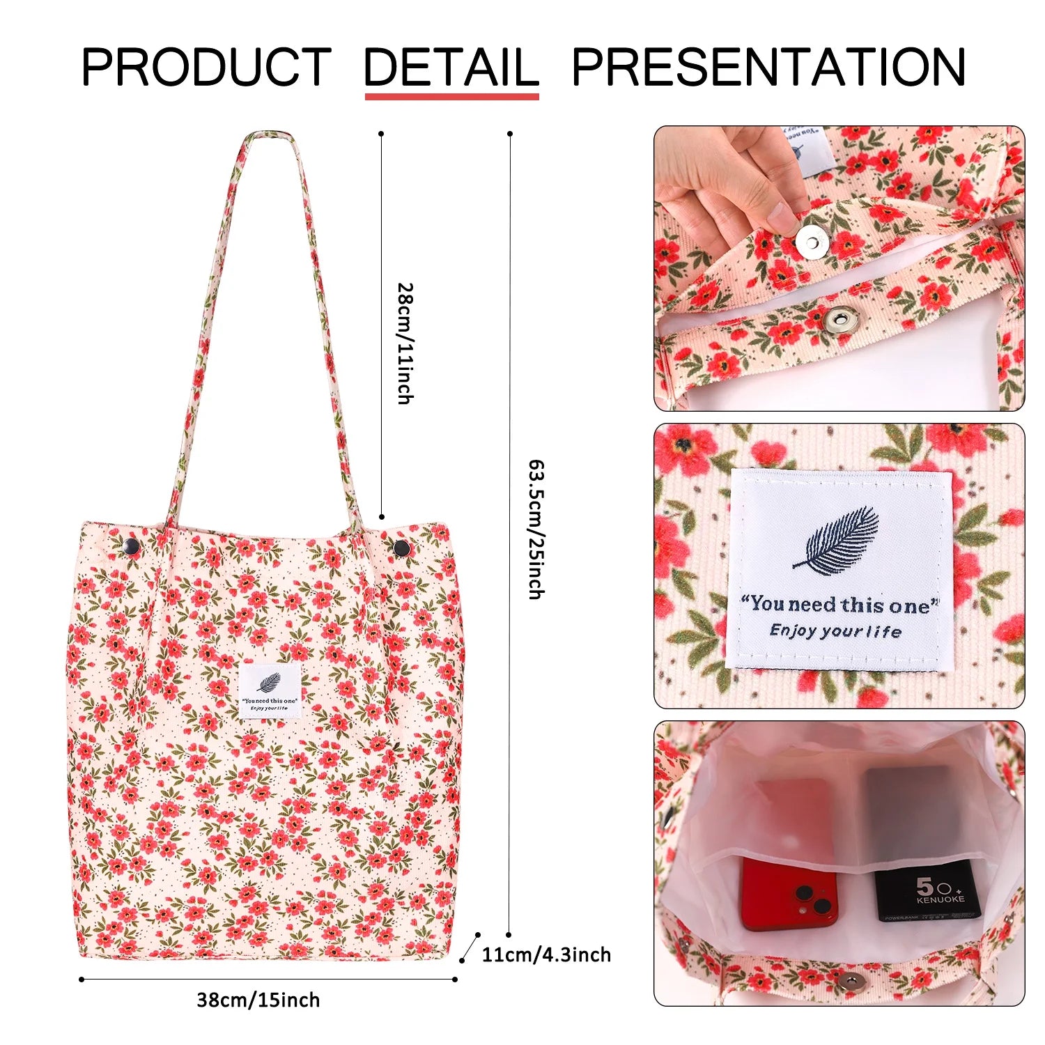 Corduroy Tote Bag for Women Girl Canvas Shoulder Cord Purse with Inner Pocket (Strawberry)
