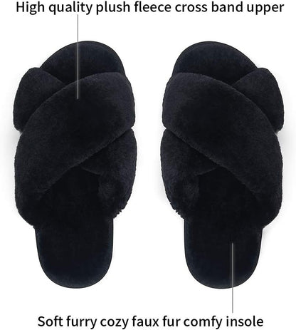 Women'S 801 Cross Band Slippers, Soft Plush Furry Open Toe Fur Slides, Fuzzy Fluffy Slip on House Shoes Indoor Outdoor Slippers