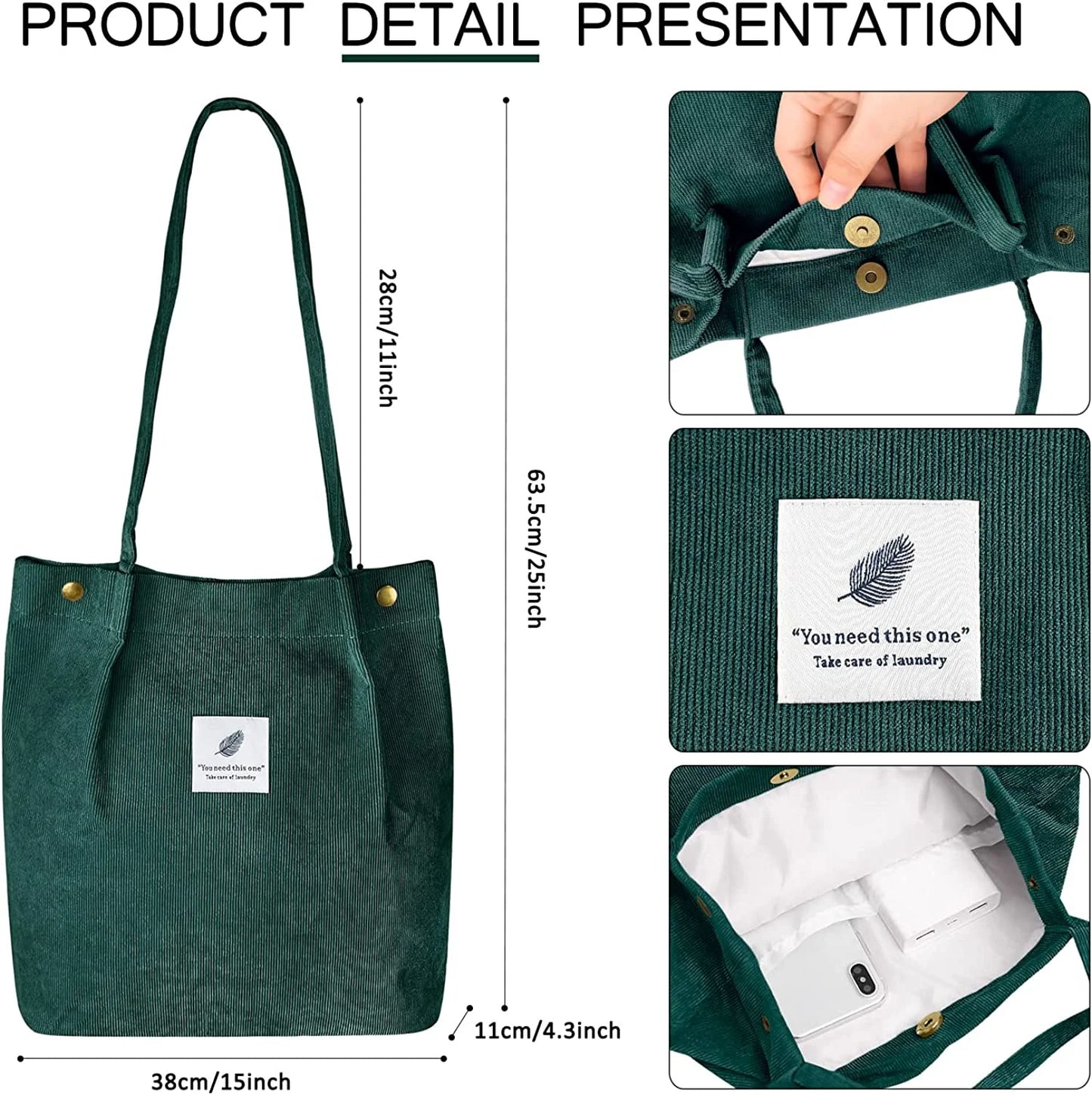 Corduroy Tote Bag Large for Women Girl Lady Canvas Shoulder Cord Purse and Handbags with Inner Pocket (Beige)