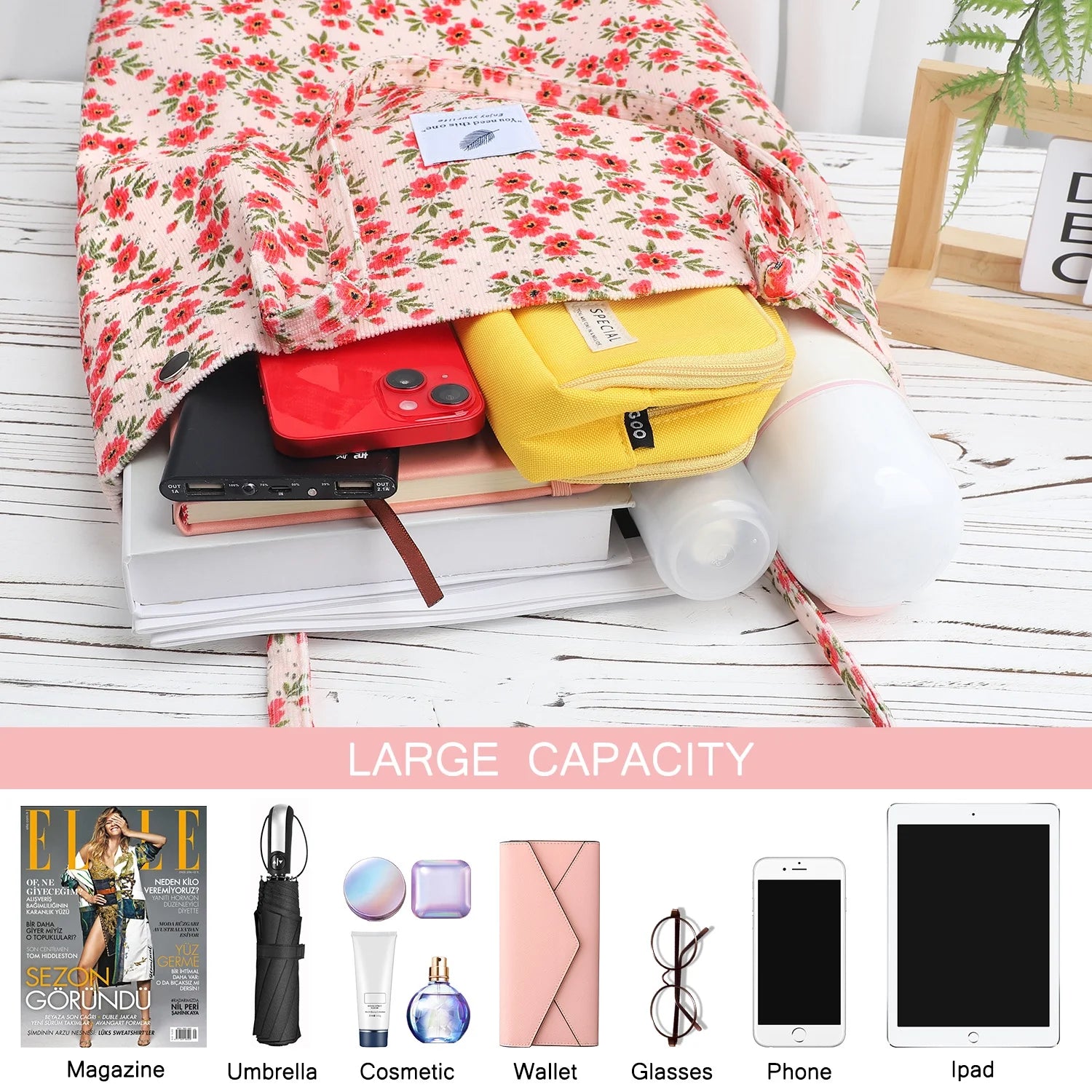 Corduroy Tote Bag for Women Girl Canvas Shoulder Cord Purse with Inner Pocket (Strawberry)
