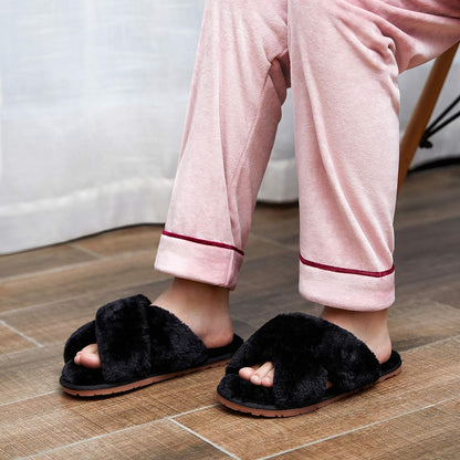 Women'S 801 Cross Band Slippers, Soft Plush Furry Open Toe Fur Slides, Fuzzy Fluffy Slip on House Shoes Indoor Outdoor Slippers