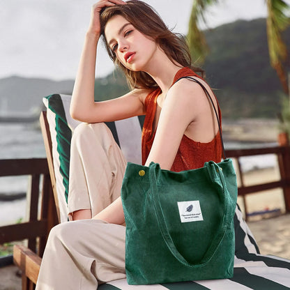 Corduroy Tote Bag Large for Women Girl Lady Canvas Shoulder Cord Purse and Handbags with Inner Pocket (Beige)