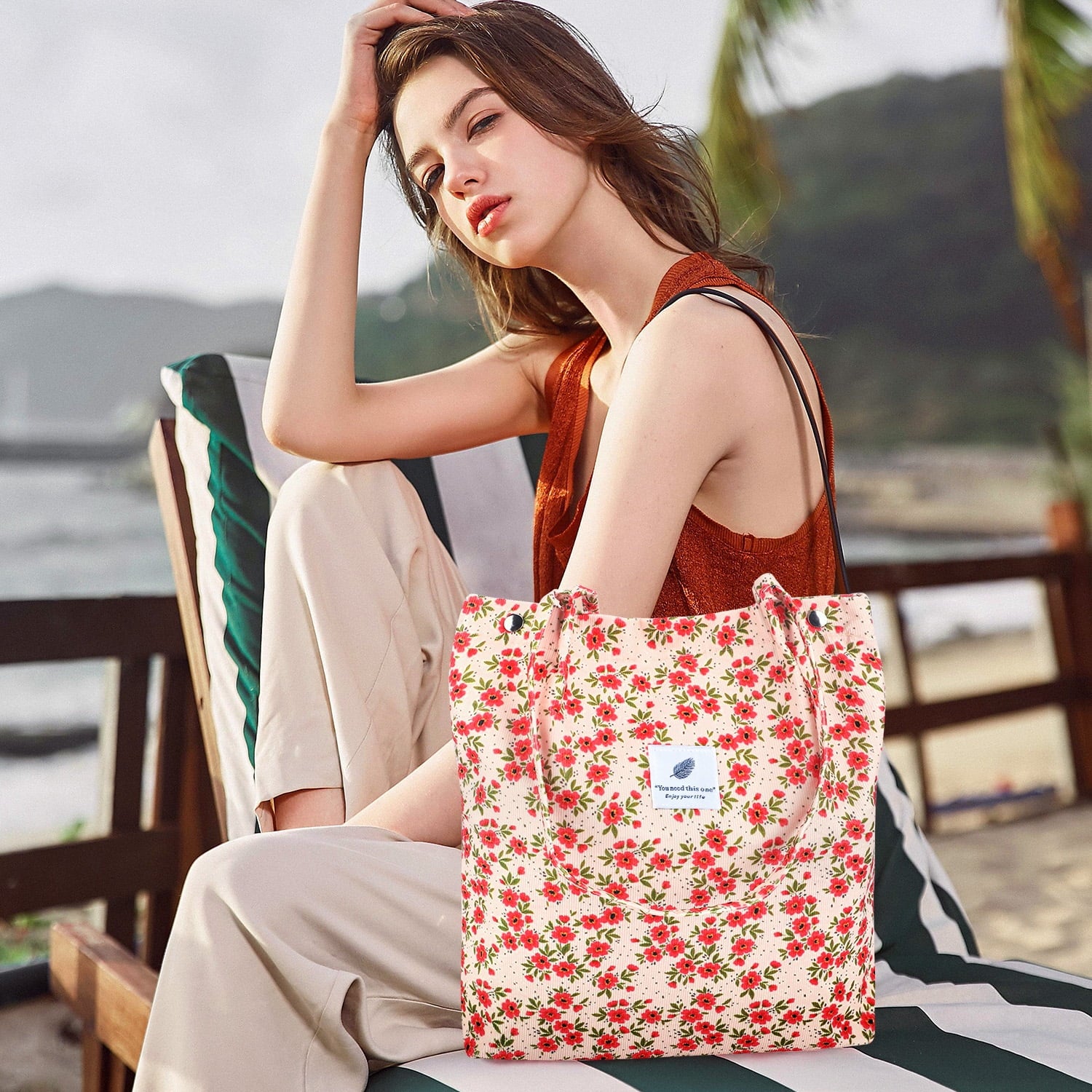 Corduroy Tote Bag for Women Girl Canvas Shoulder Cord Purse with Inner Pocket (Strawberry)