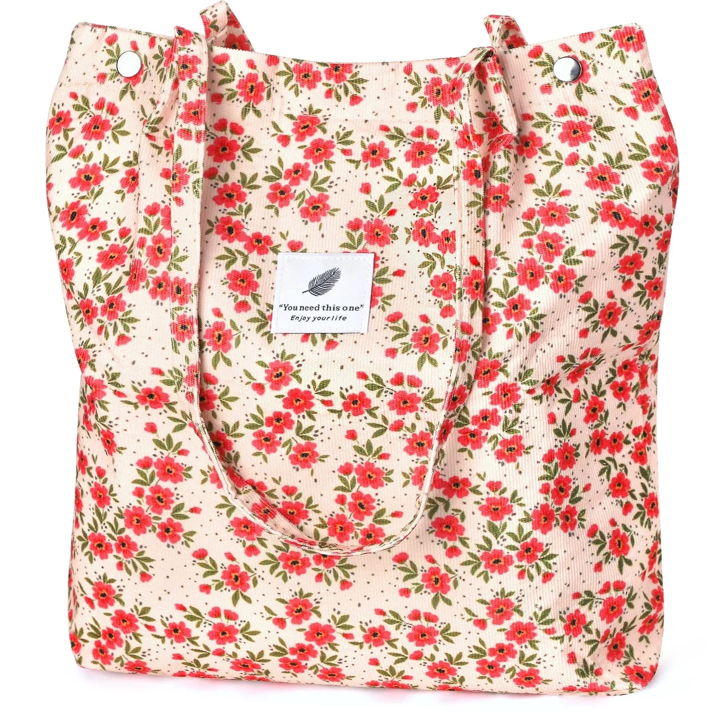 Corduroy Tote Bag for Women Girl Canvas Shoulder Cord Purse with Inner Pocket (Strawberry)