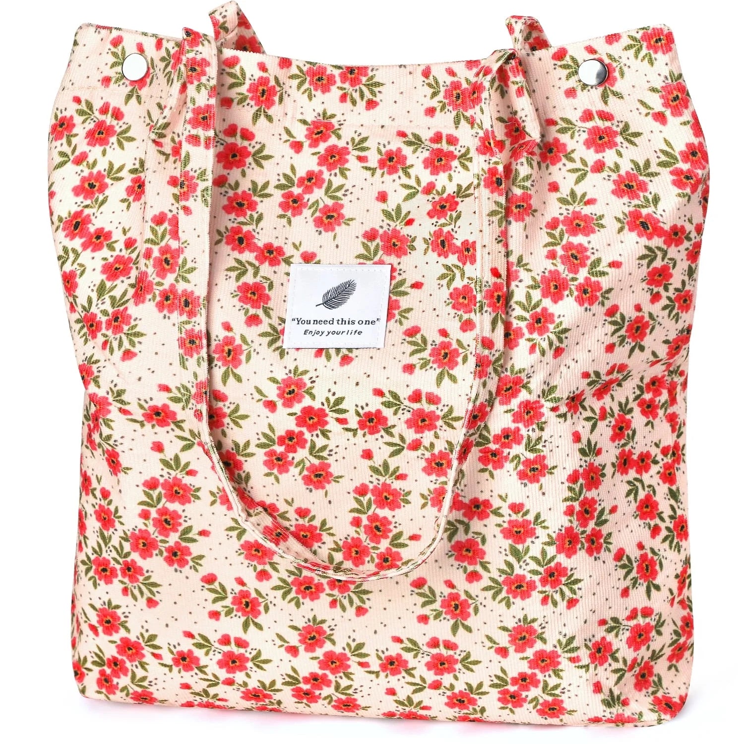 Corduroy Tote Bag for Women Girl Canvas Shoulder Cord Purse with Inner Pocket (Strawberry)