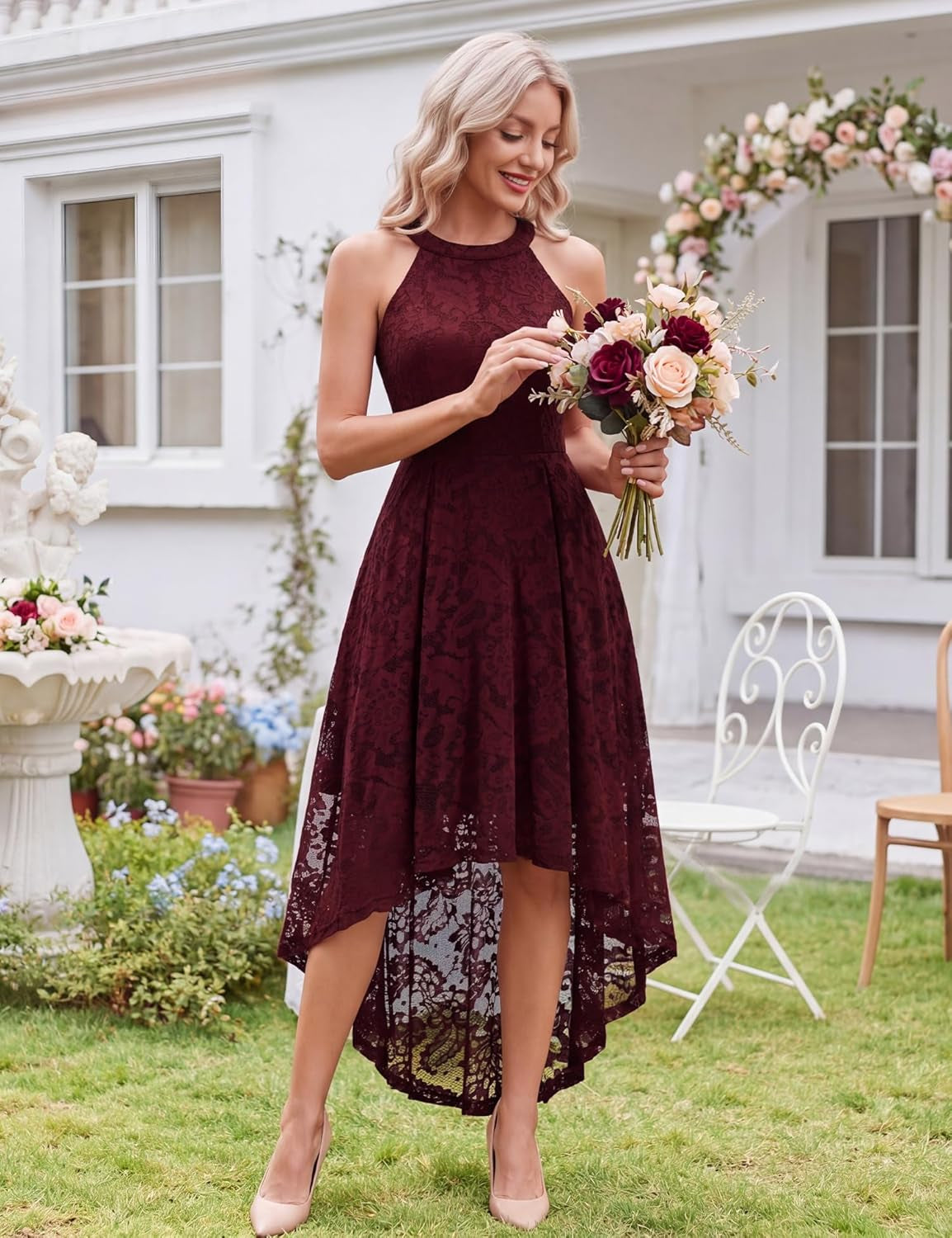 Women Halter Lace Wedding Guest Dress Hi-Lo Cocktail Party Bridesmaid Formal Dresses